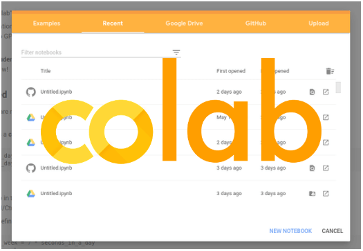 Thumbnail showing the Google Colab interface where you can select previously accessed notebooks